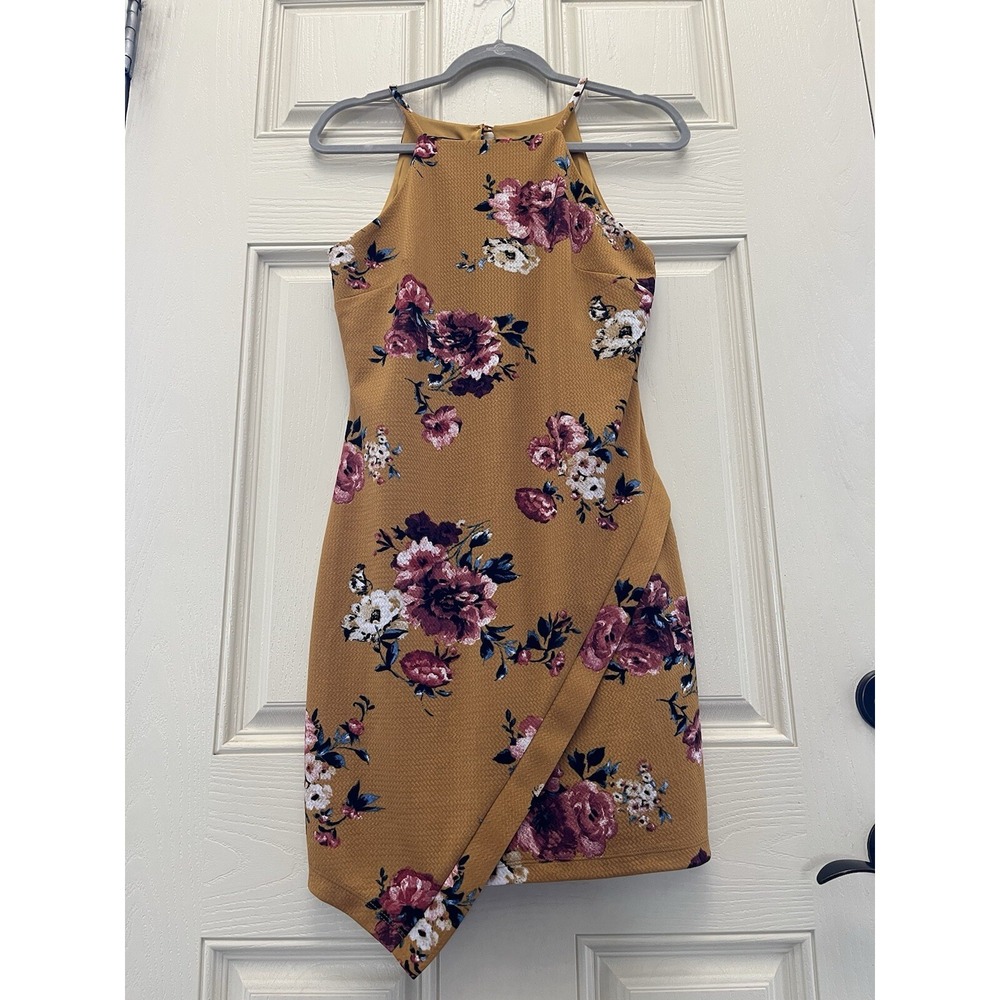 Fortune & Ivy Dress. Size S Small Spaghetti‎ Straps. Mustard Floral Bodycon